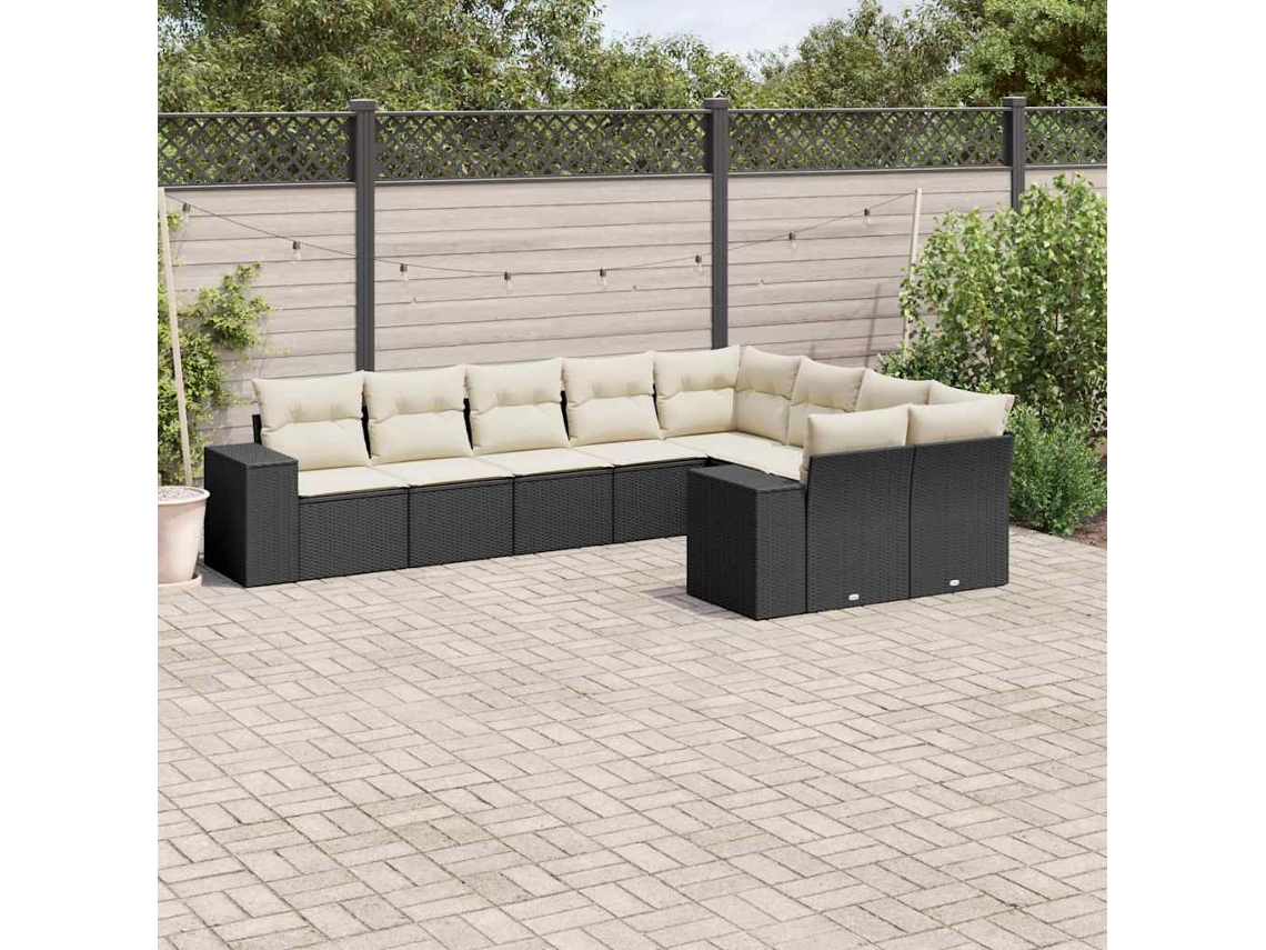 Jogo de Sofá 9 Peças P/ Jardim C/ Almofadões Vime Pe Preto Dkd Home Decor
