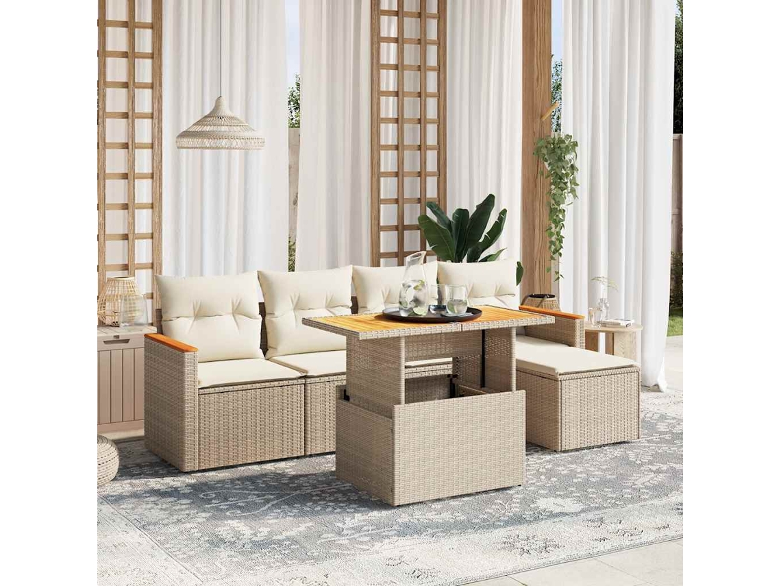 Vidaxl 6 Pcs Conjunto De Sofás P/ Jardim Com Almofadões Vime Pe Bege