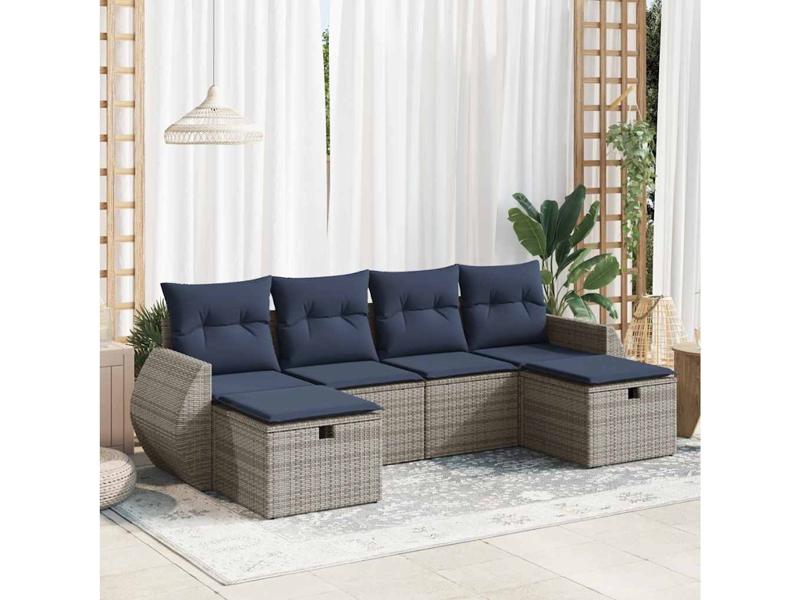 Vidaxl 6 Pcs Conjunto Sofás De Jardim Com Almofadões Vime Cinzento