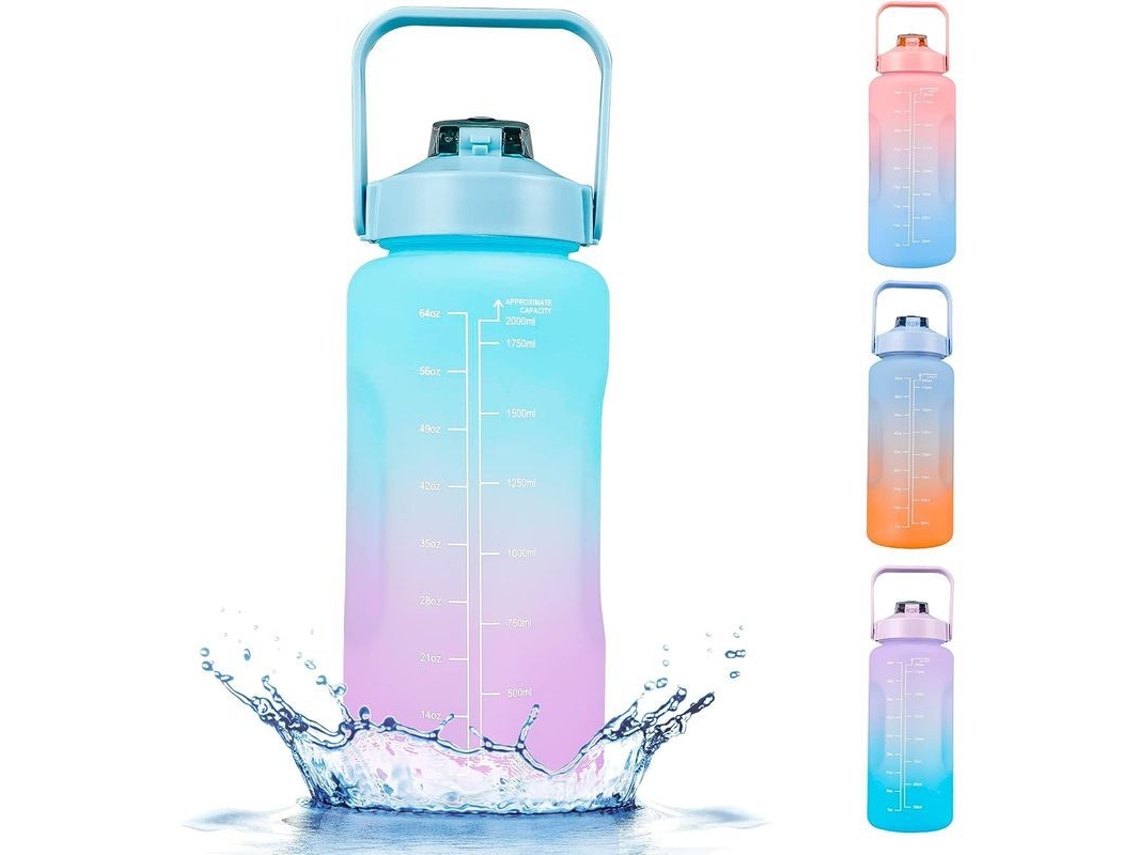 Garrafa de água esportiva Rebe-Linjou de 2 litros com marcações de tempo, canudo removível e abertura com um toque.