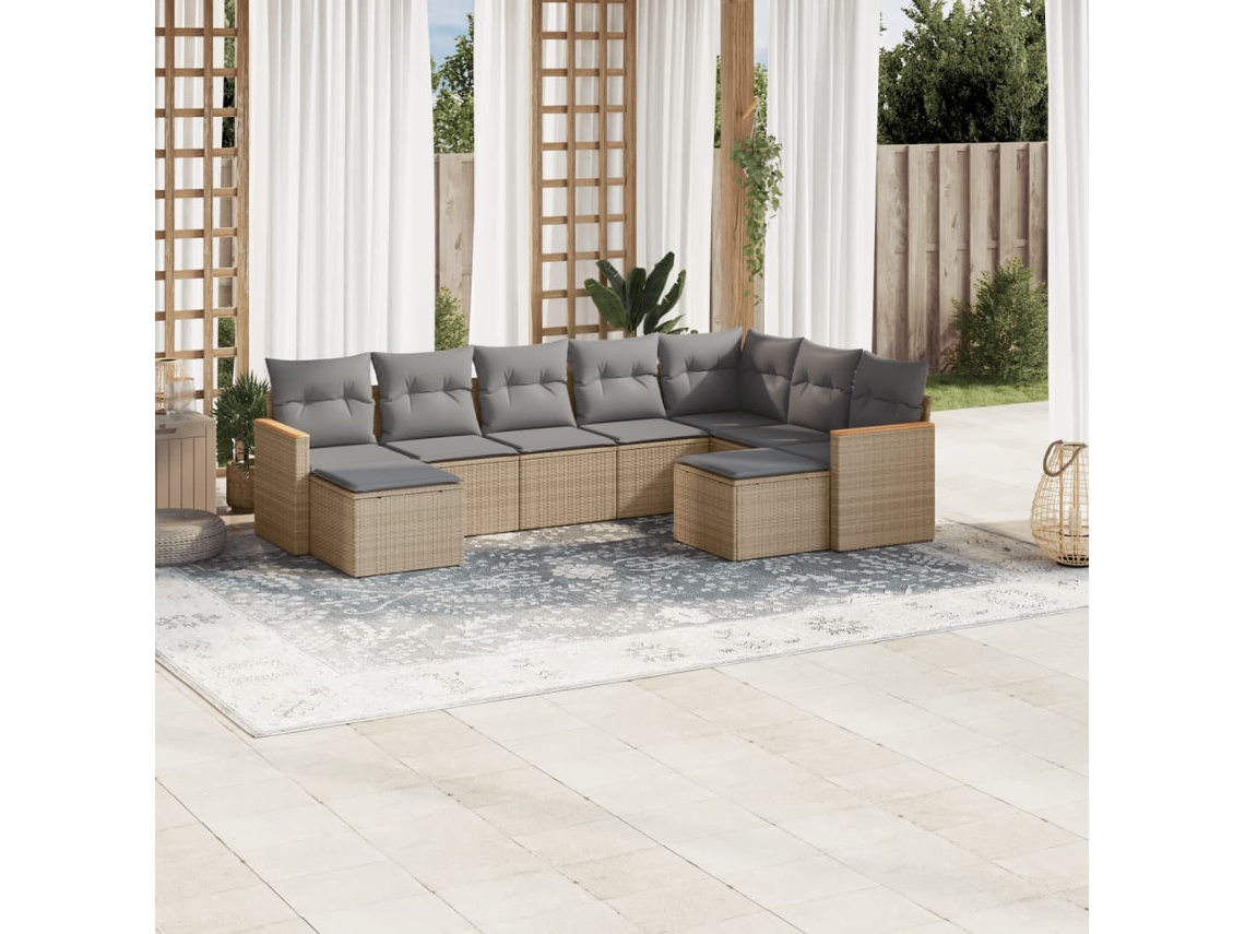 Vidaxl 9 Pcs Conj. Sofás Jardim C/ Almofadões Vime Pe Bege Misturado