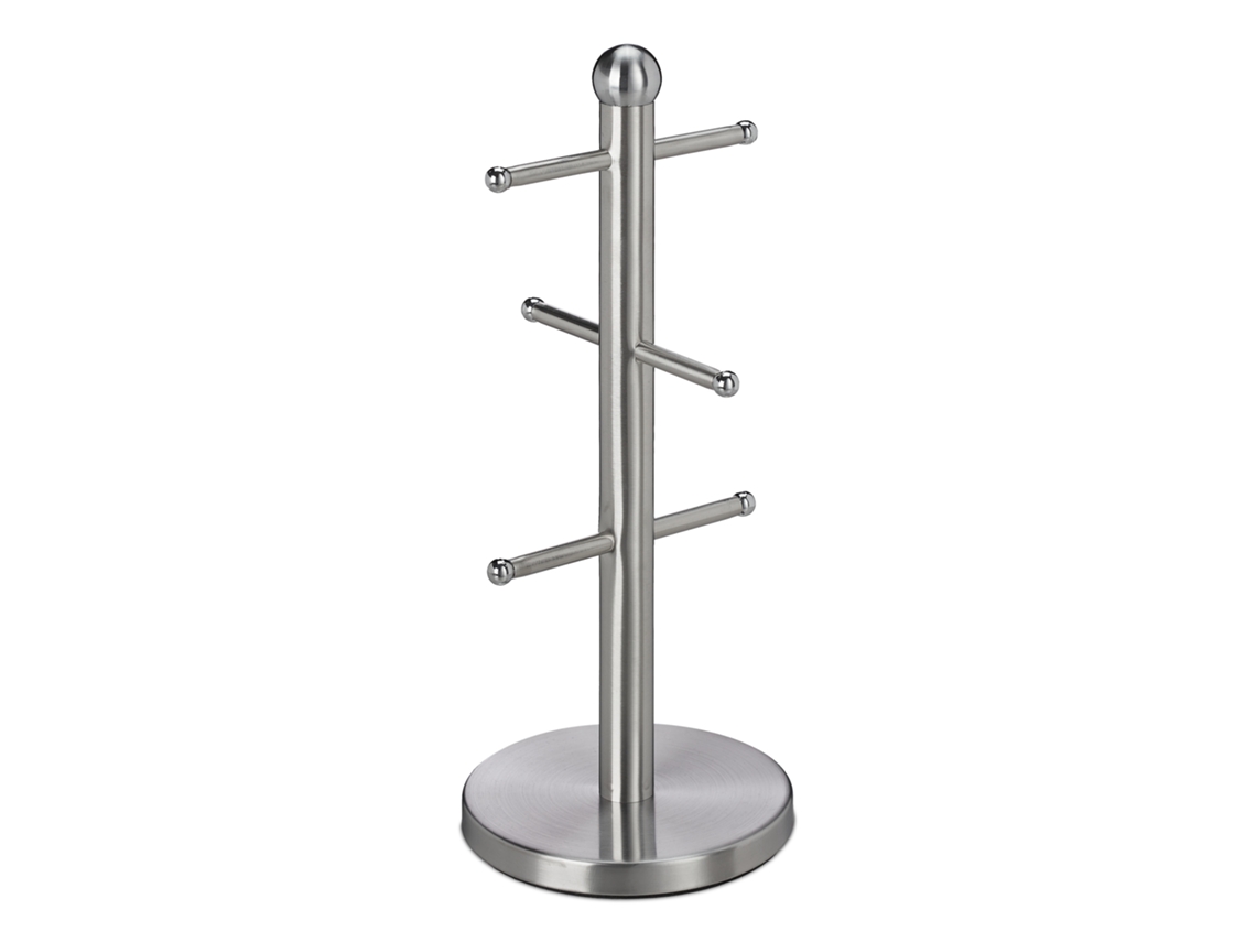 Suporte Para Chávenas Relaxdays, Com 6 Hastes, Em Pé, Em Aço Inoxidável, Para Canecas, Cozinha, Árvore Redonda, Prata