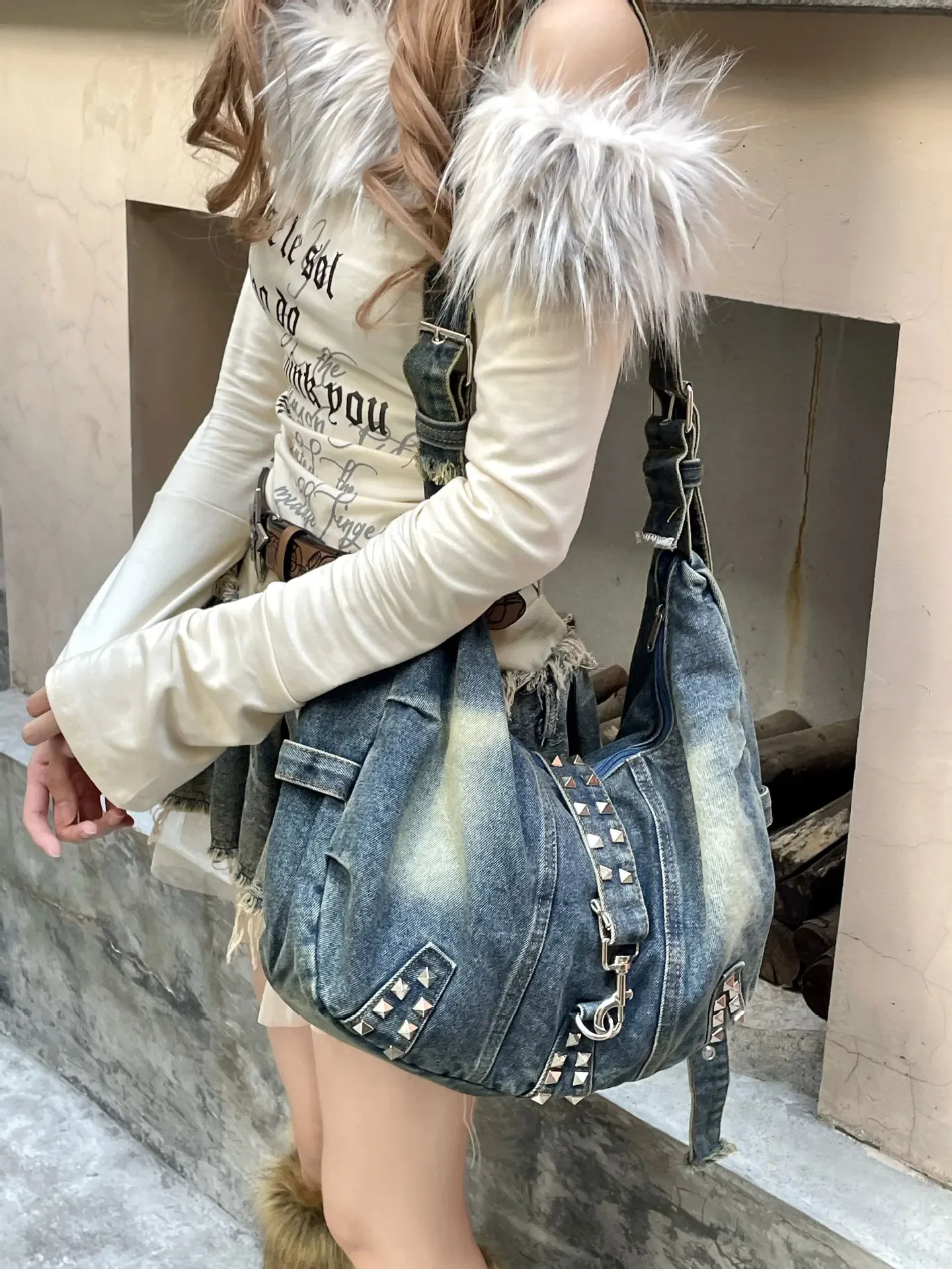 Bolsa De Ombro Feminina Vintage Azul Com Tachas, Bolsa Hobo/tote Feminina De Jeans Com Grande Capacidade.