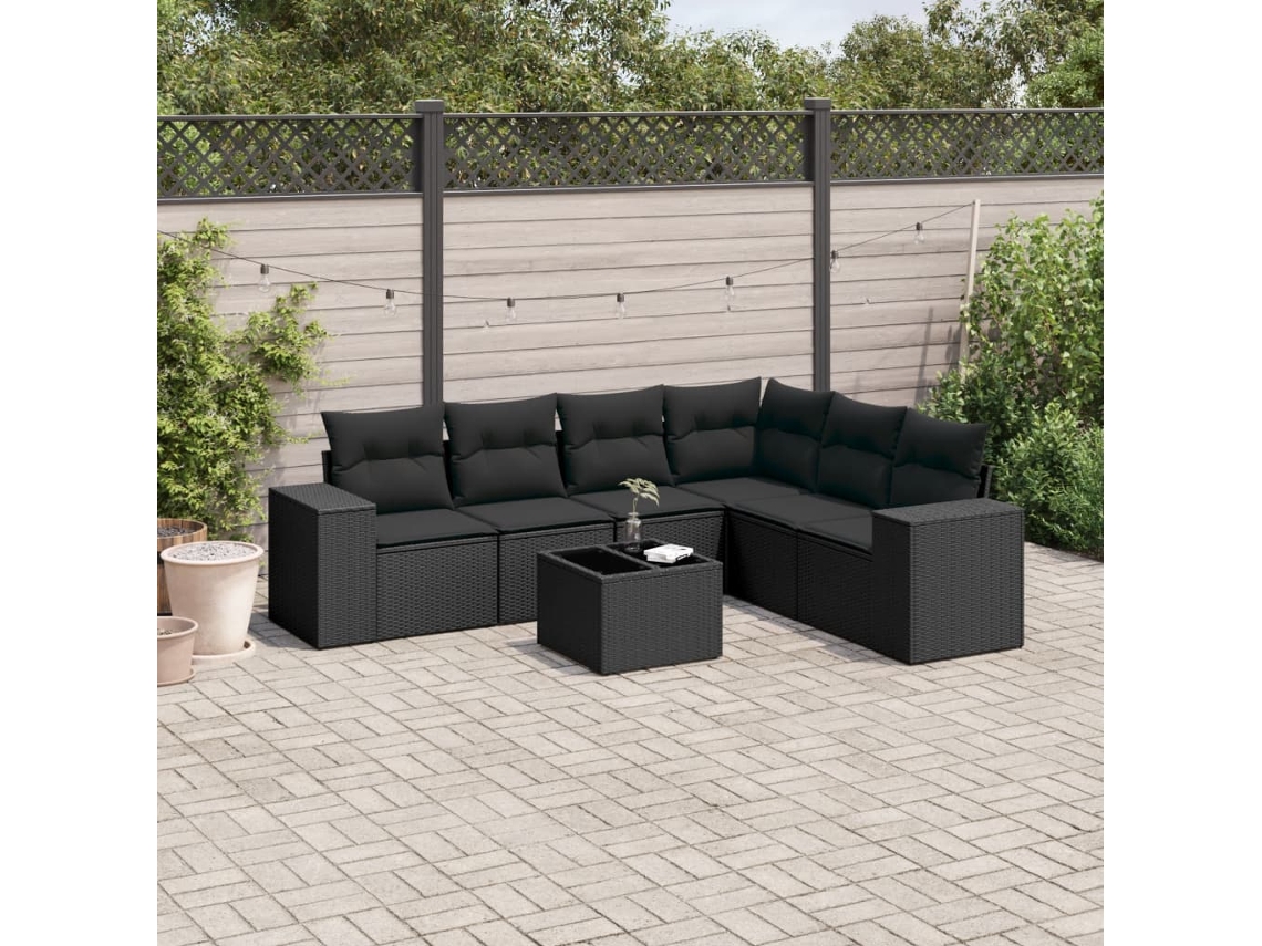Jogo de Sofá 7 Peças P/ Jardim C/ Almofadões Vime Pe Preto Dkd Home Decor