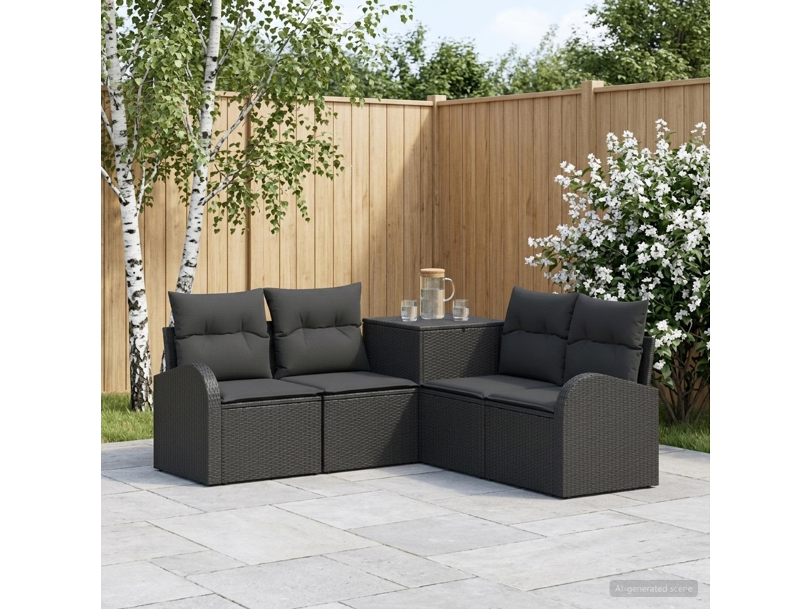 Vidaxl Conjunto De Sofás 5 Unid. Preto Rattan Poliéster E Aço