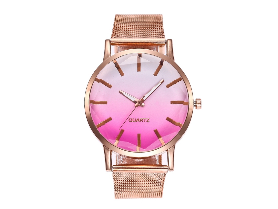 Relógio Feminino de Quartzo com Pulseira de Malha Liga Esfera Redonda Rosa