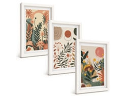 Conjunto De Pinturas Padrões De Plantas, Vintage, Pastel Moldura Branca Imagens Para Um Quarto Infantil Espelharte (3 Peças 20x30 Cm)