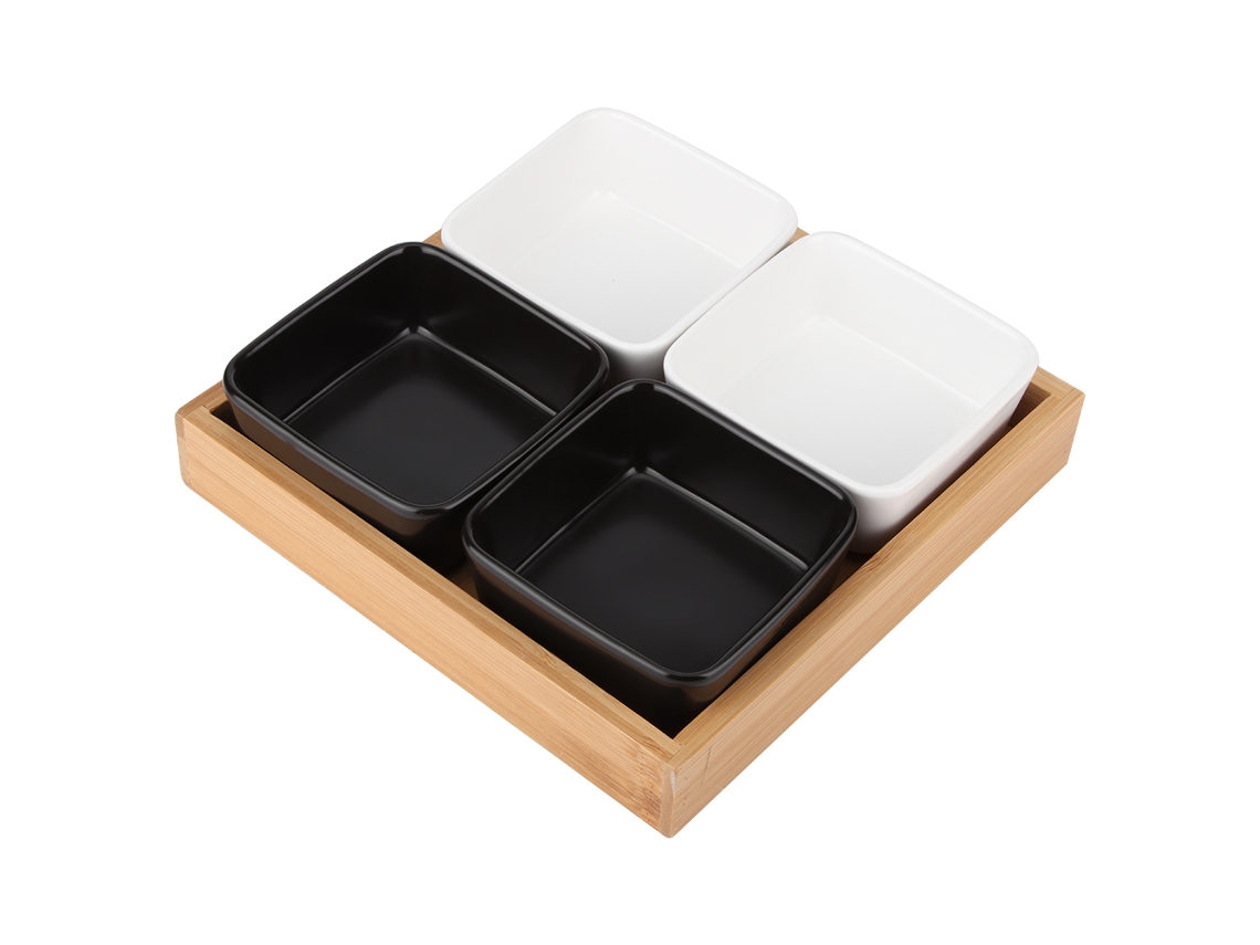 Bandeja Multifuncional Ecológica Para Frutas Secas, Snacks E Molhos Com 4 Compartimentos: 2 Brancos E 2 Pretos