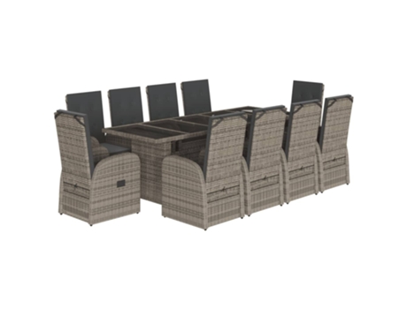 11 Peças Conjunto Jantar Para Jardim Com Almofadões Vime Pe Cinzento Clicnbuy