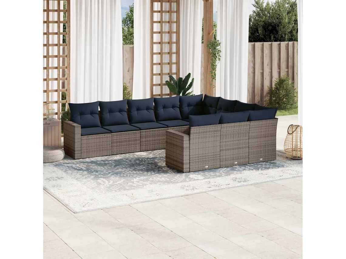 Vidaxl 10 Pcs Conjunto Sofás P/ Jardim C/ Almofadões Vime Pe Cinzento