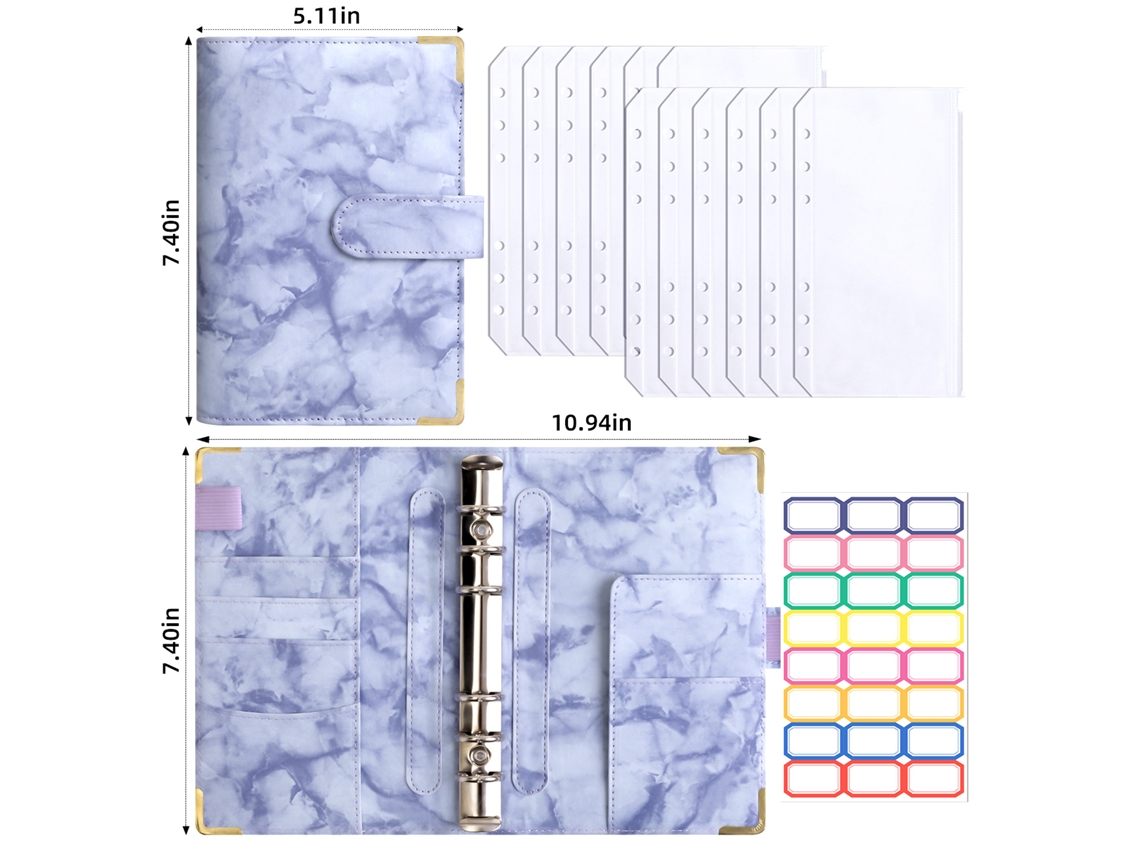 A6 Marble Pattern Loose Leaf Pu Leather Budget Planner With Protective Corner Binder Purple, 12-zipper Pouches Large