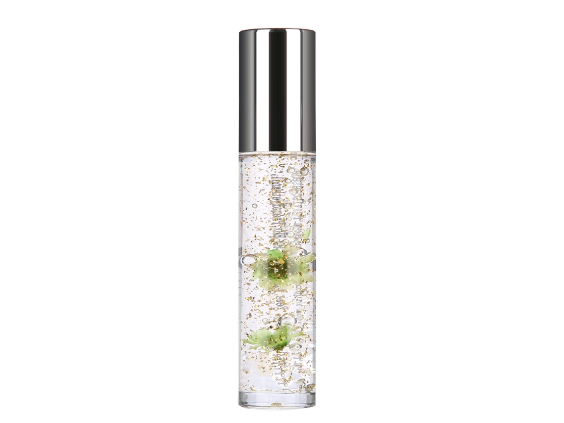 Brillo Labial Cambio De Color Con Foil Dorado Y Flores Transparente Verde