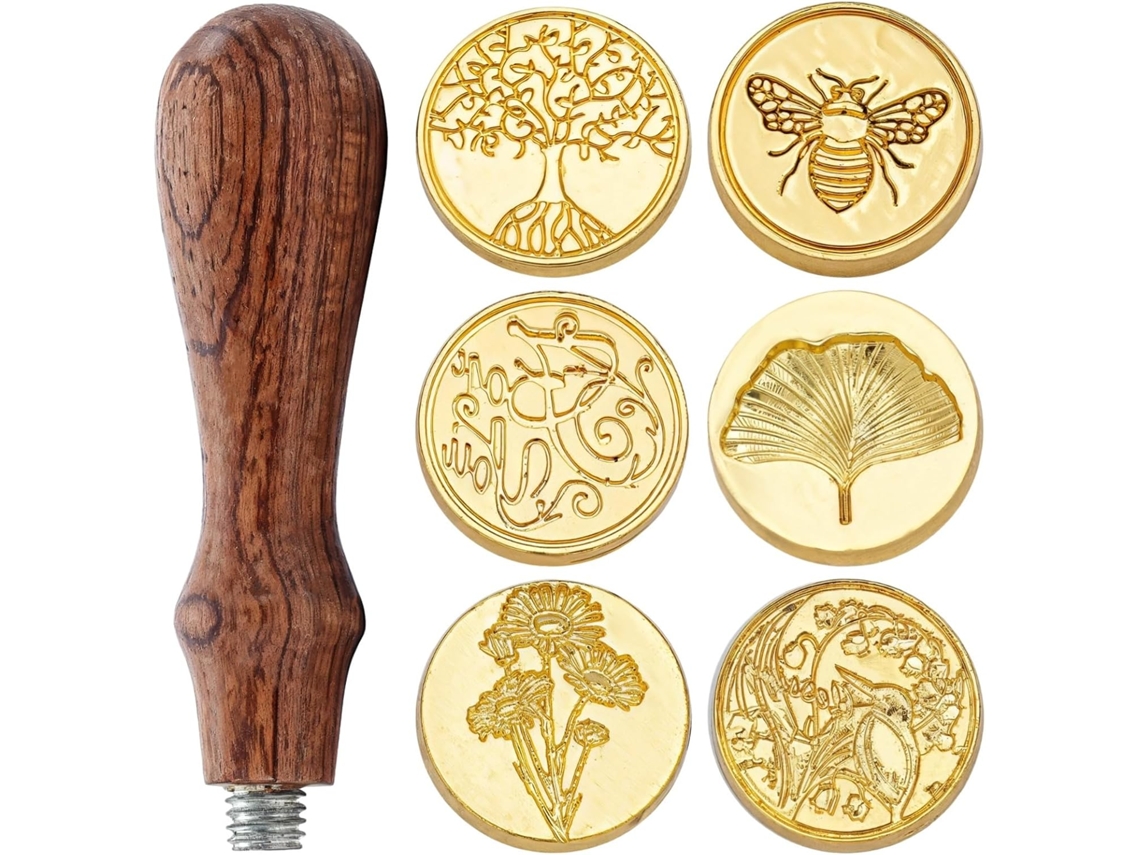 Kit De Selos Cera Artesãos, 6 Cabeças De Selo Liga Metálica Com 1 Cabo Madeira, Estilos Variados, Convites