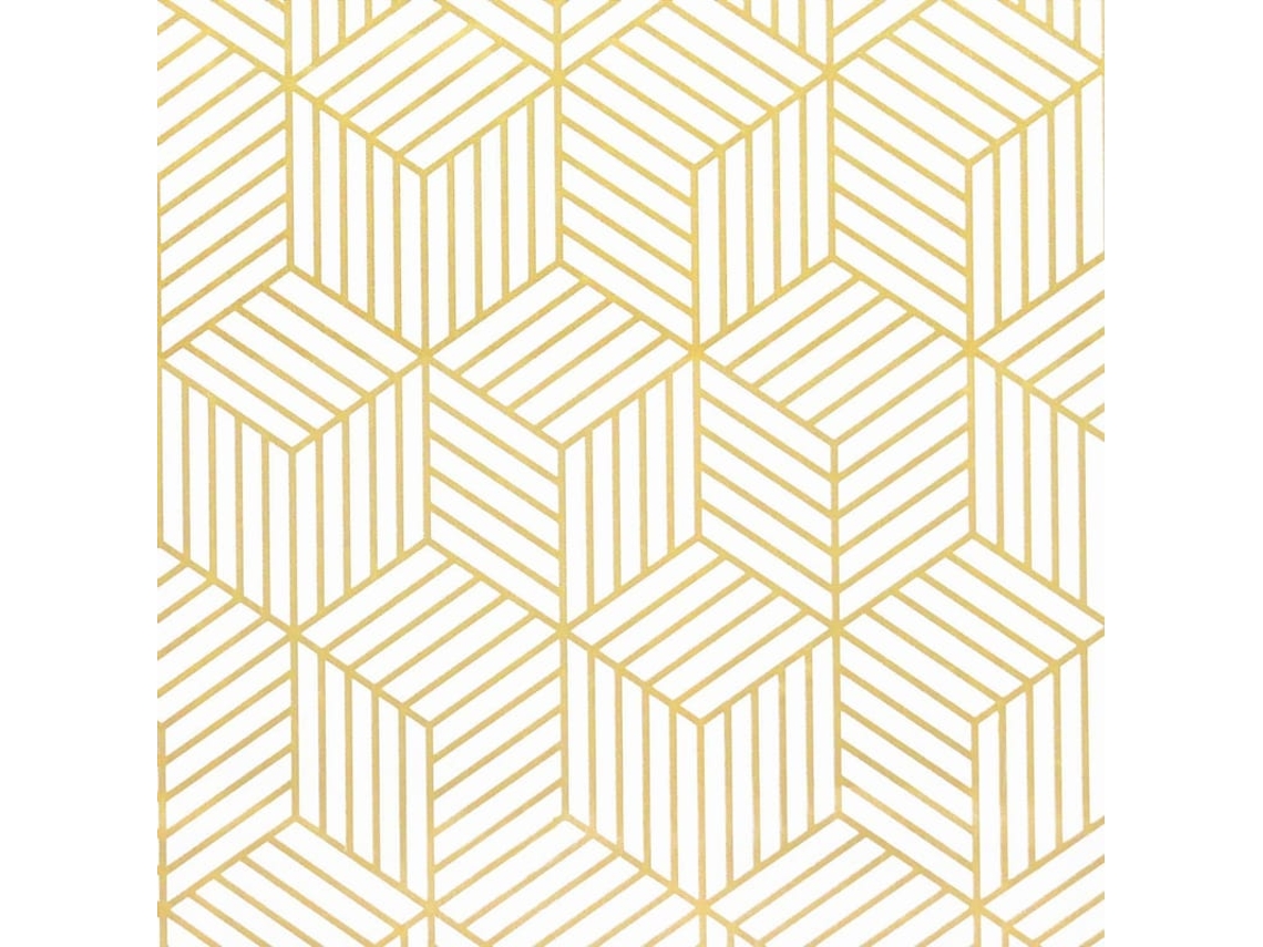 Papel De Parede Autoadesivo Listras Geométricas Hexagonais Dourado Branco 45x500cm