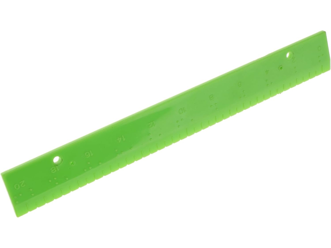 Régua de medição em Braille reutilizável em PVC verde para deficientes visuais, durável e fácil de usar.