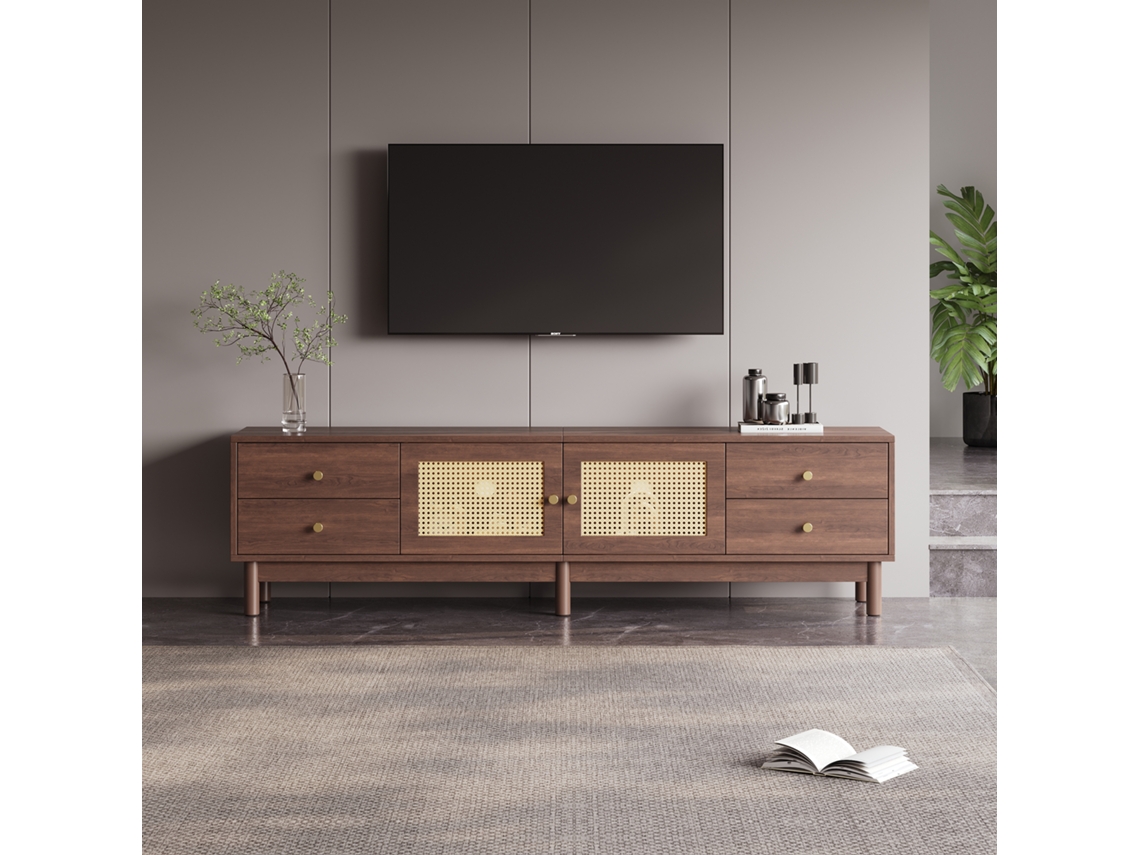 Armário Tv Madeira Escura 180cm, Rattan, 4 Gavetas, 80''.-zz