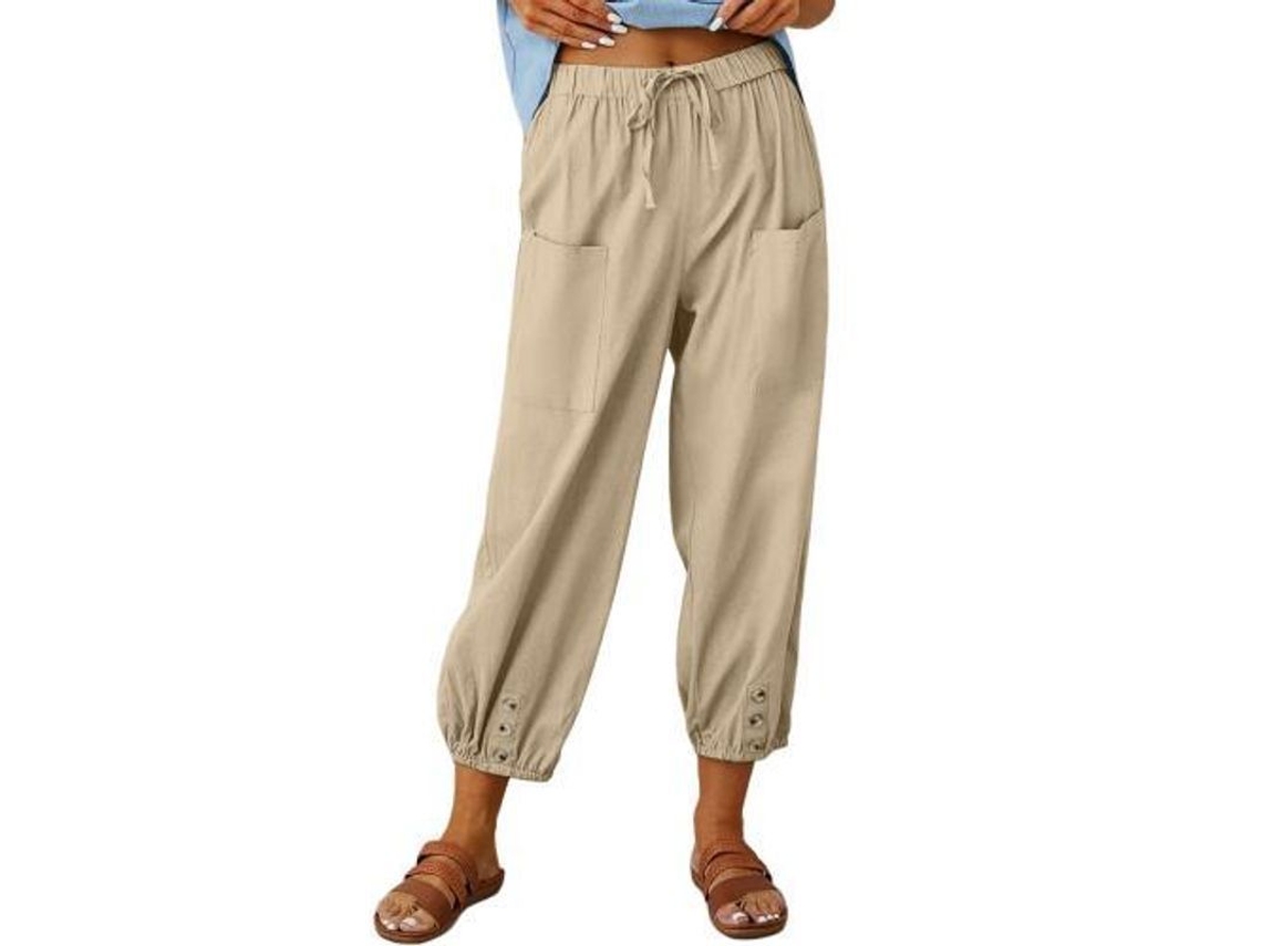 2026 pantalones Lantern para Mulher de Lino Soltos Verão com Bolsos Pantalones Anchos S Caqui