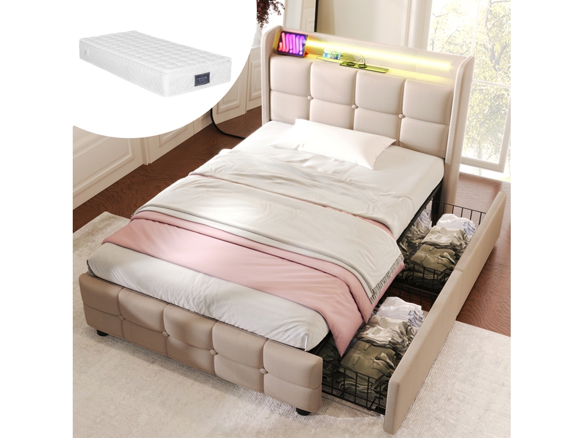 Cama Solteiro 90x200cm Com Colchão Usb Led E Gavetas Bege