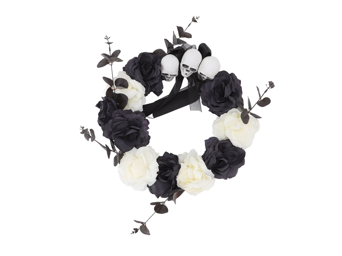 Mali coroa de Halloween Caveira com Rosas Artificial Preto Branco Decoração Porta Festa