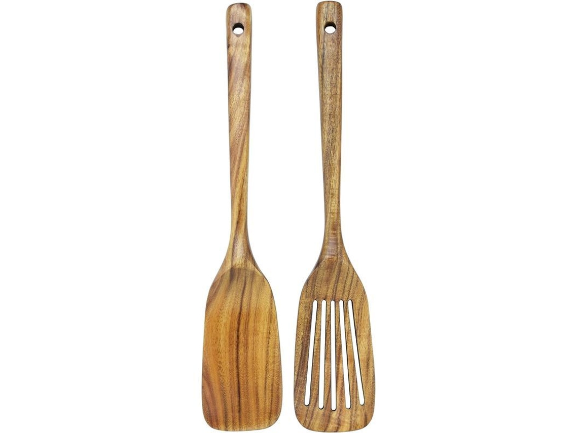 2026 espátula de Madeira de Teca Natural com Cabo Longo e Espátula Ranhurada para Utensílios de Cozinha Antiaderentes