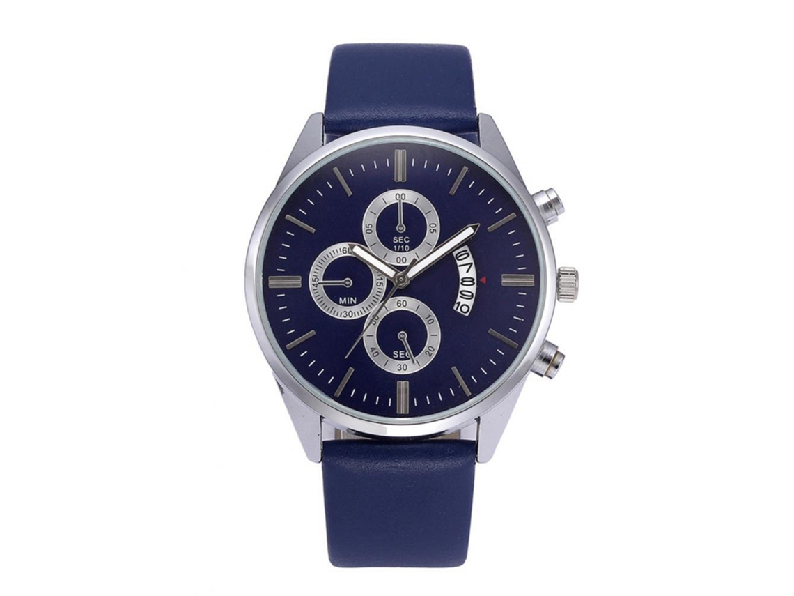 Relógio de pulso masculino analógico de quartzo com pulseira de PU, estilo casual clássico moderno azul.