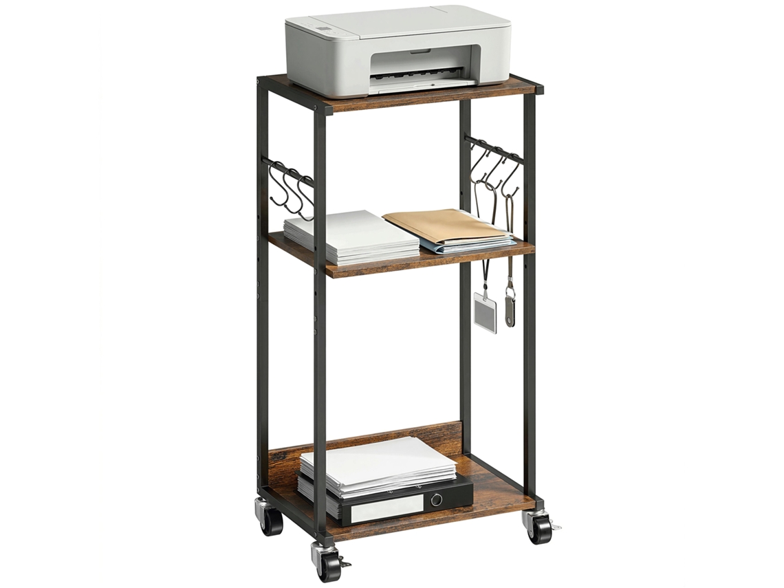 Mesa Para Impressora Industrial De 3 Níveis, Com Rodas E Ganchos, Marrom Rústico.