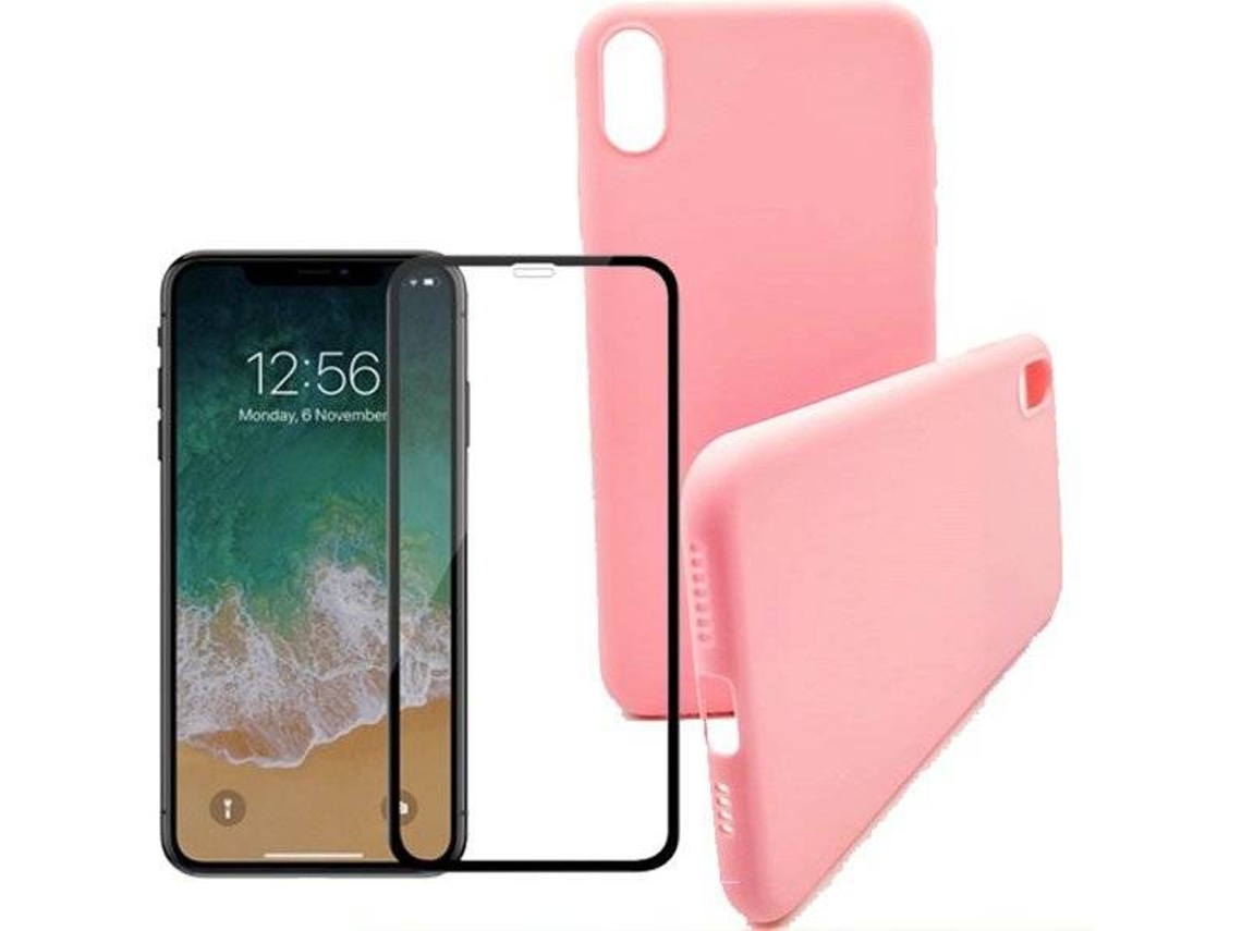 Kit Capa e Película Vidro 5D Full Cover iPhone XS Max Silicone Rosa