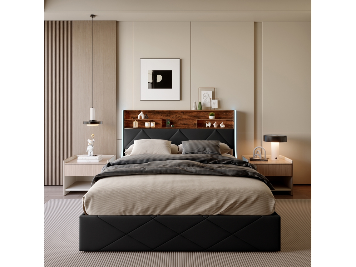 Cama De Casal Queen Size 160x200 Cm Com Armazenamento, Cabeceira Led, Usb E Design Geométrico Em Couro Pu Preto E Madeira De Carvalho Claro