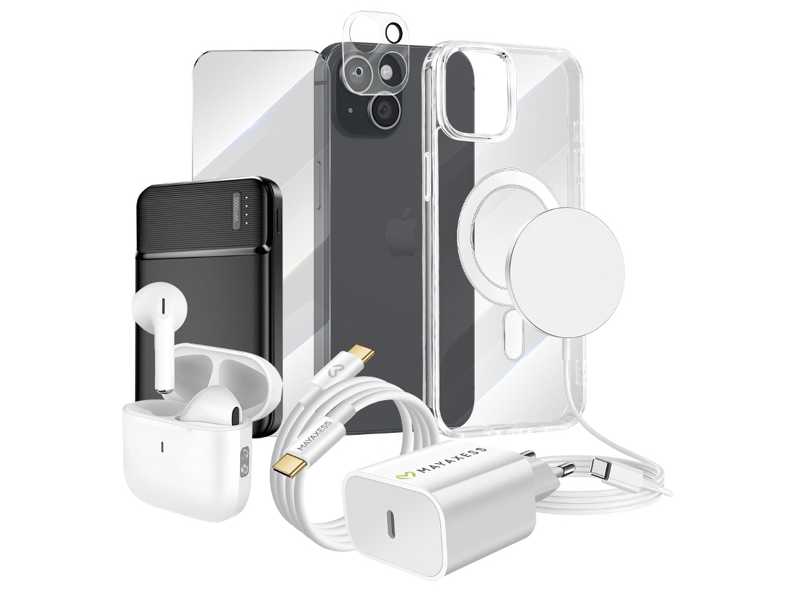 Mayaxess Pack Elite Para Iphone 15 Capa, Protetor De Ecrã, Carregadores, Power Bank, Magsafe, Auriculares Bluetooth (8 Peças) Transparente