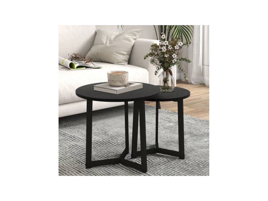 Conjunto De 2 Mesas De Centro Redondas Com Estrutura Em Aço, Design Moderno Para Sala De Estar, Suporta Até 35 Kg, Cor Preta Liptaptyn