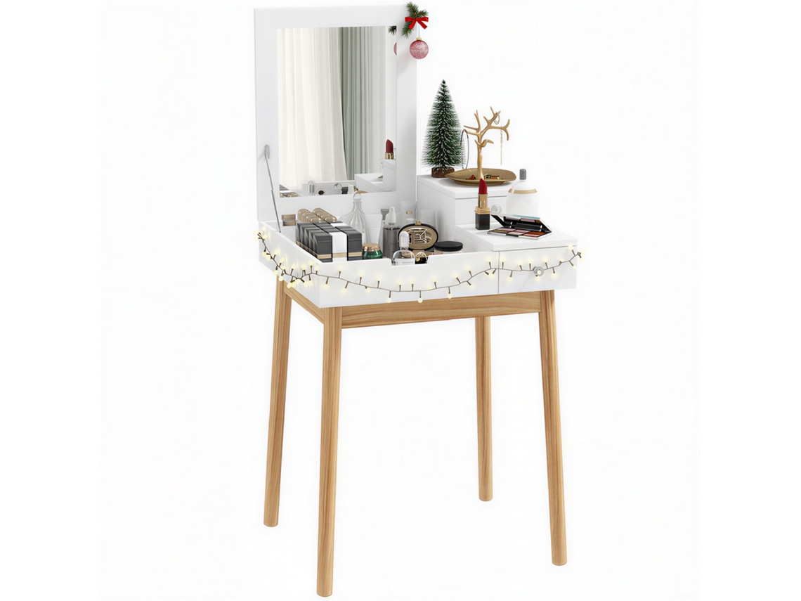 Penteadeira Com Espelho Mesa De Maquiagem Estilo Moderno - 2 Gavetas, Espelho Dobrável Para Quarto, Sala De Estar, 60 X 50 X 85,5 Cm Branco
