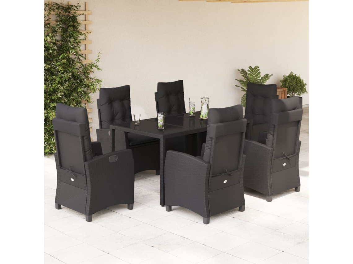 Conjunto 7 Peças Jantar P/ Jardim C/ Almofadões Vime Pe Preto Dkd Home Decor