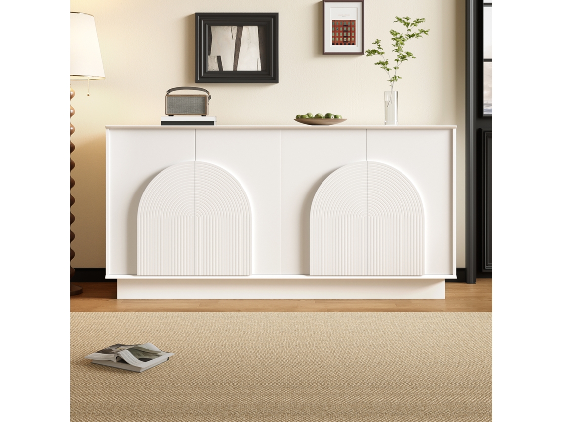 Cômoda Branca Moderna Com Portas Curvas – Armário 4 Portas Para Sala E Jantar, Mdf Com Acabamento Fosco, Solução Elegante E Funcional, 160 Cm.