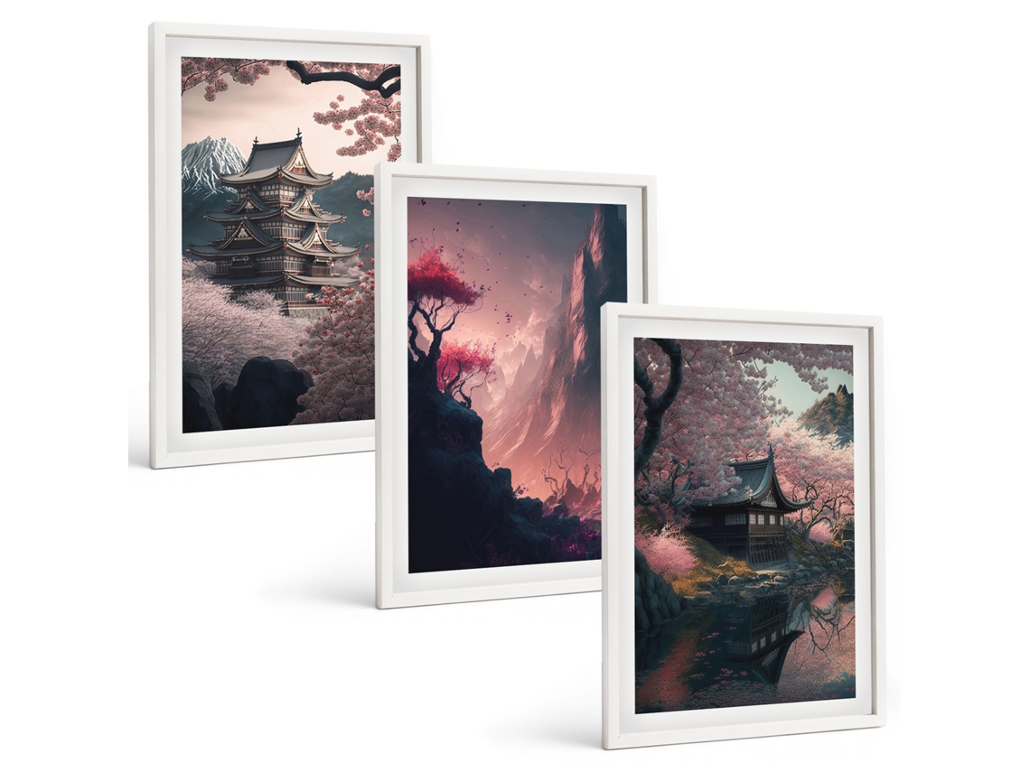 Composição De Quadros Paisagens Fantásticas Das Montanhas Do Japão Moldura Branca Imagens Para Um Quarto Infantil Espelharte (3 Piezas De 40x60 Cm)