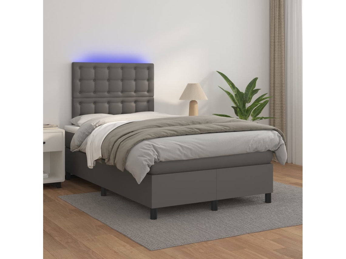 Cama Box Spring C/ Colchão/led 120x200cm Couro Artificial Cinza