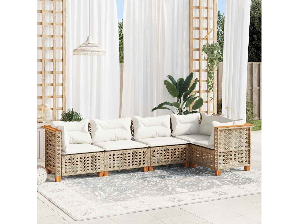 Vidaxl 5 Pcs Conjunto De Sofás P/ Jardim Com Almofadões Vime Pe Bege