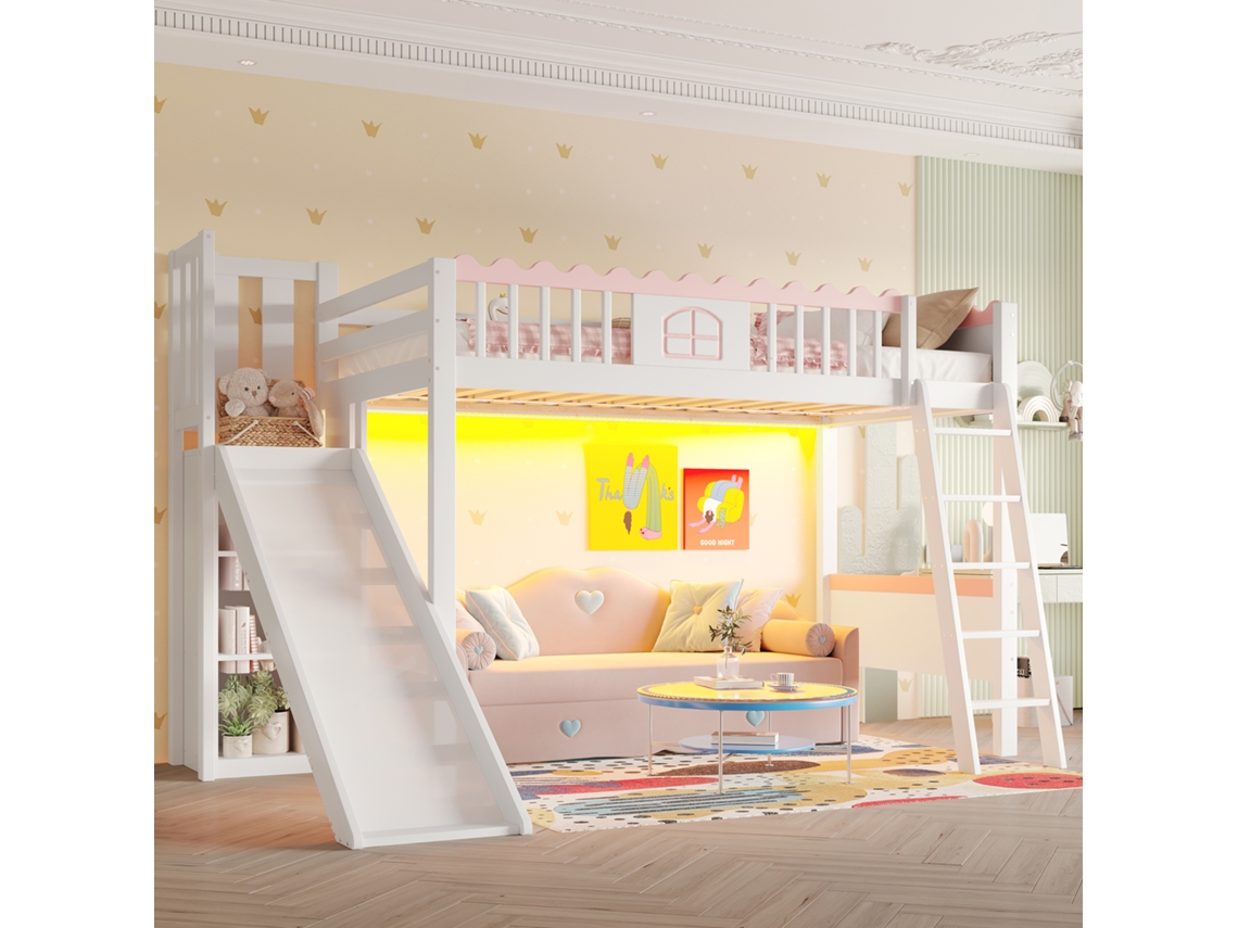 Beliche, Cama Solteiro Infantil, Com Luzes Led, Prateleiras, Escorregador, Certificado En747, Pinho, 90x200cm, Branco