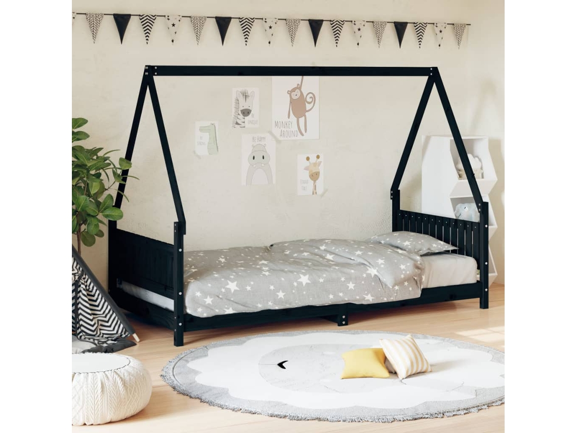 Vidaxl Estrutura De Cama Infantil 90x190 Cm Pinho Maciço Preto