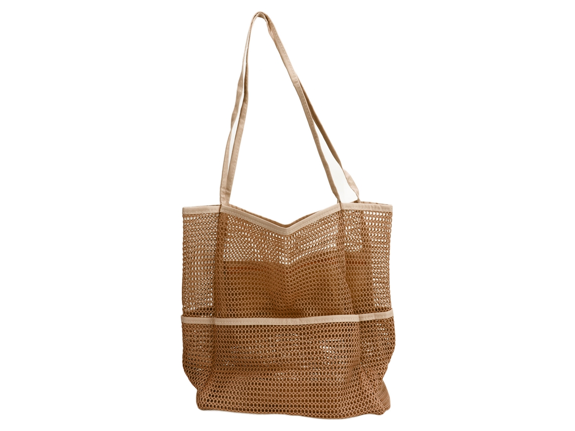 Bolsa De Praia De Malha Com Múltiplos Bolsos E Grande Capacidade Para Viagem, Piscina, Piquenique E Acampamento - Cor Cachi
