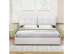Cama De Casal Arquitetor Com Armazenamento, Led E Sistema Hidráulico - 140x200 Cm - Cabeceira Felpuda - 7 Cores, Fácil Montar - Branco Bege