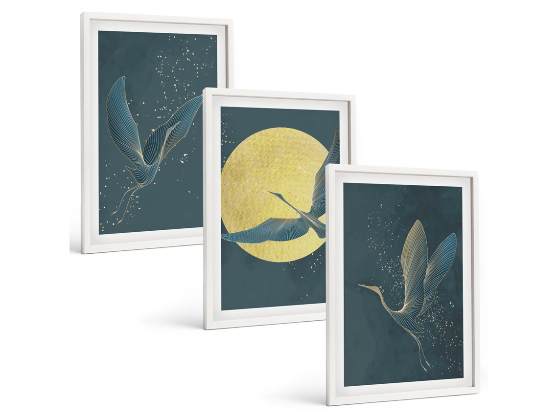 Quadros Decorativos Para Parede Garças Em Voo À Noite Moldura Branca Quadros Para O Escritório Espelharte (3 Piezas De 40x60 Cm)