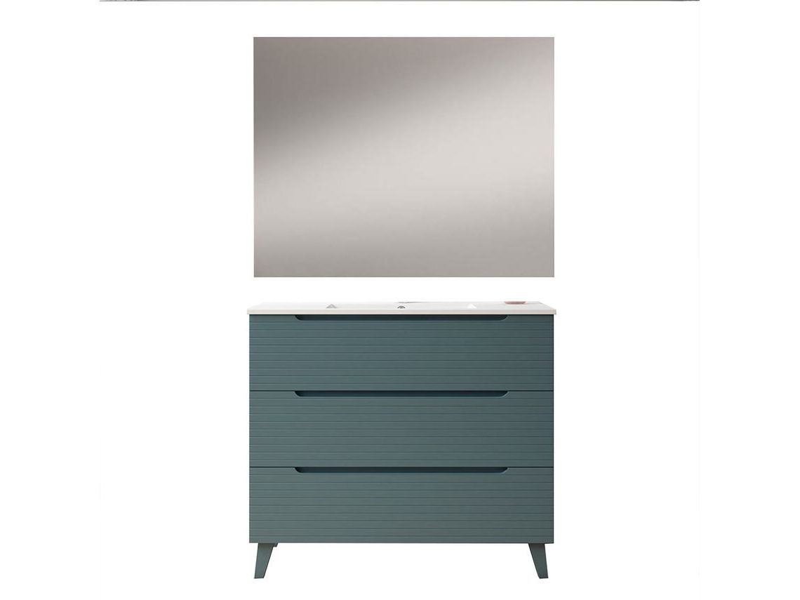 Móveis de casa de banho com lavatório, espelho e aplique LED BOREAL 80x45 cm acabamento azul oceano mate 3 gavetas com pés