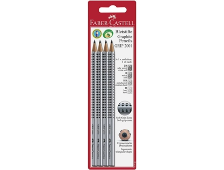 FABER-CASTELL Lápis de Grafite Grip 2001, Minas 2B, B, H, HB, Corpo Triangular Prateado com Pega