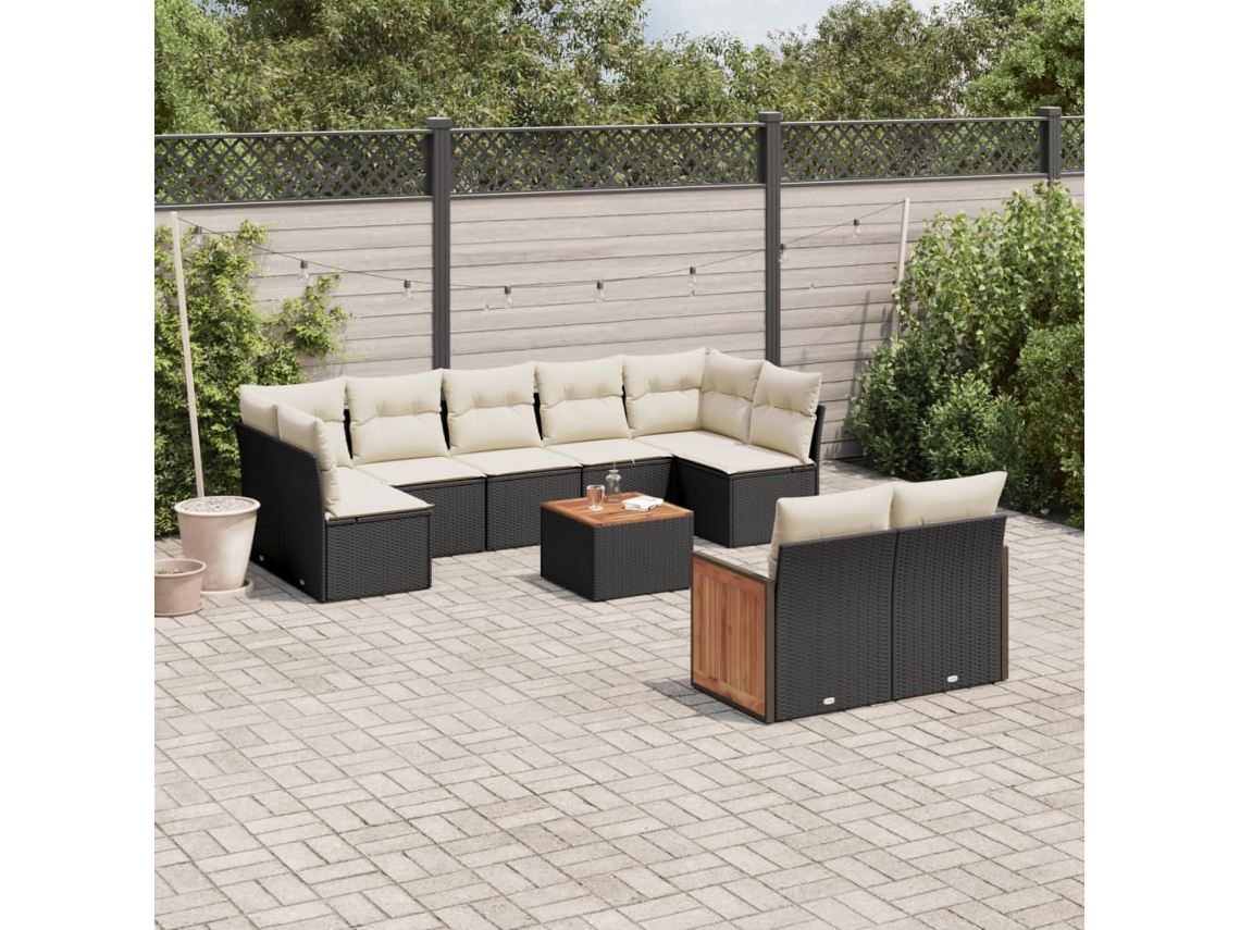Jogo de Sofá Jardim 10 Peças C/ Almofadões Vime Pe Preto Dkd Home Decor