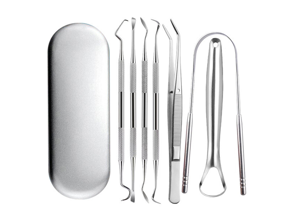 Kit De 7 Ferramentas De Limpeza Oral Em Aço Inoxidável Yuysan, Acompanhado De Caixa De Armazenamento Metálica.