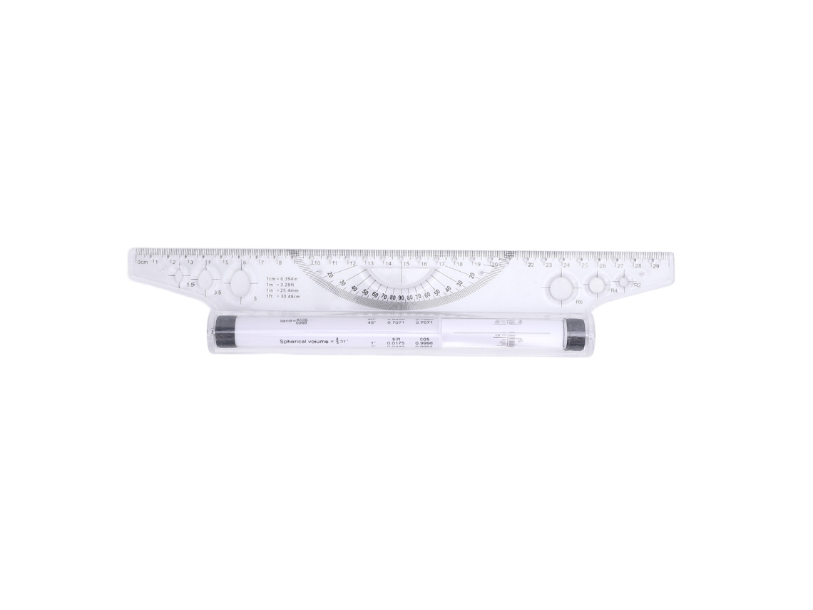 Régua rolante para desenho de linhas paralelas, arcos e curvas com transferidor integrado, 30 cm