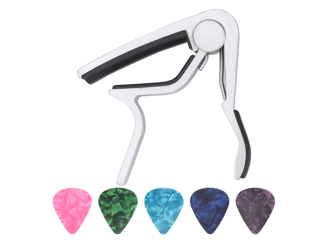 1 Capotraste de Guitarra, 5 Palhetas de Celuloide, Liga de Zinco, Acessórios de Reparo para Instrumentos de Cordas Slowmoose (Prata)