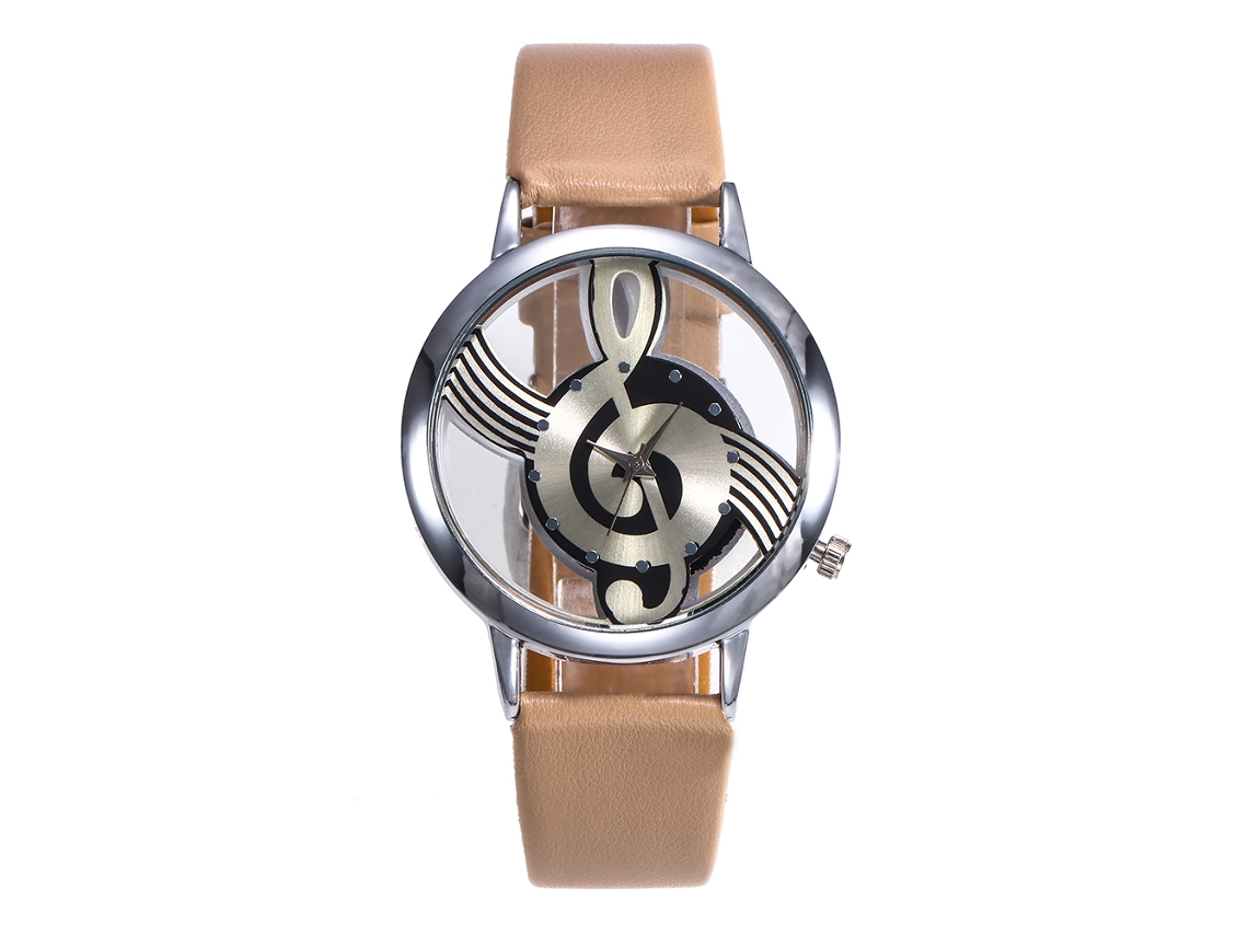 Relógio de Quartzo Feminino com Cinta de Couro Pu e Design de Notas Musicais (bege)