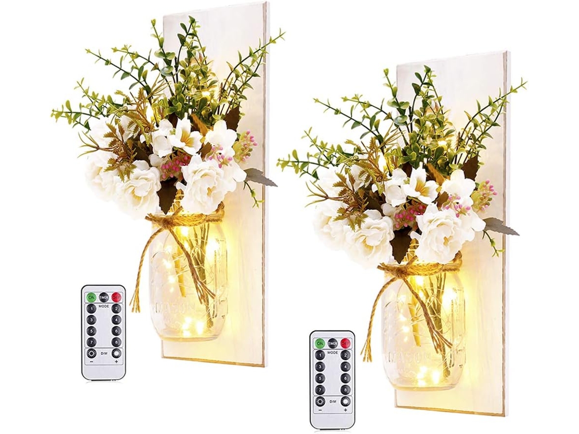 Conjunto de 2 arandelas rústicas BRILVIBERA com controle remoto e luzes de LED.