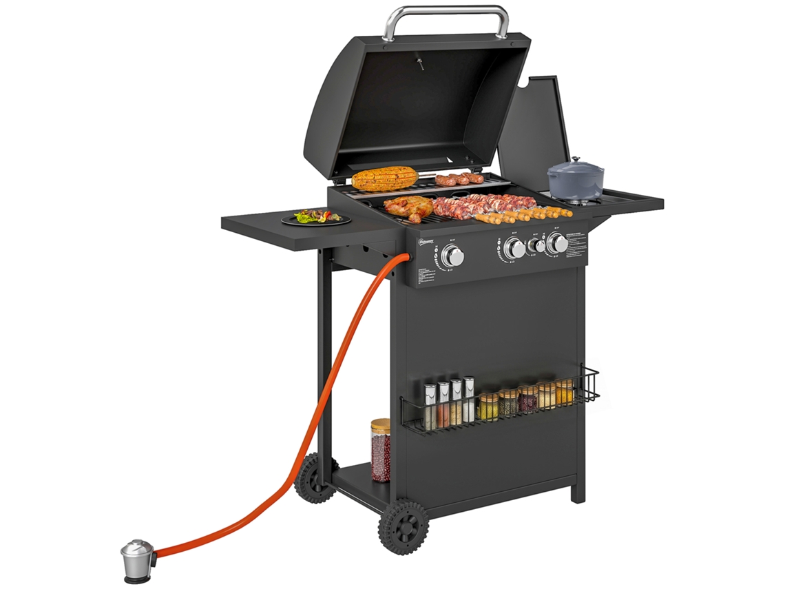 Barbecue A Gás Com 3+1 Queimadores 8,5 Kw Termómetro Mesa Lateral Grelha Recolhedor De Gordura 2 Rodas 123x57x98 Cm Preto